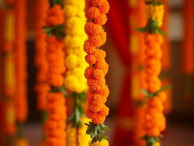 शादी में पारंपरिक फूल सजावट - गेंदे और झालर